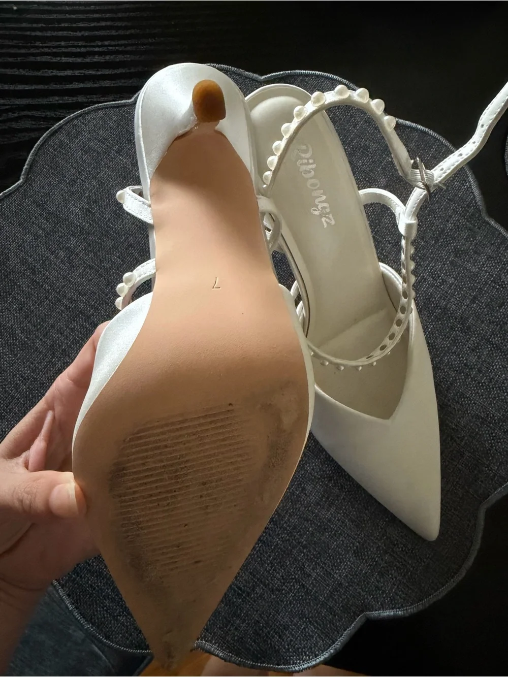 Women's White Pointed Toe Slingback Heels with Pearl Detail